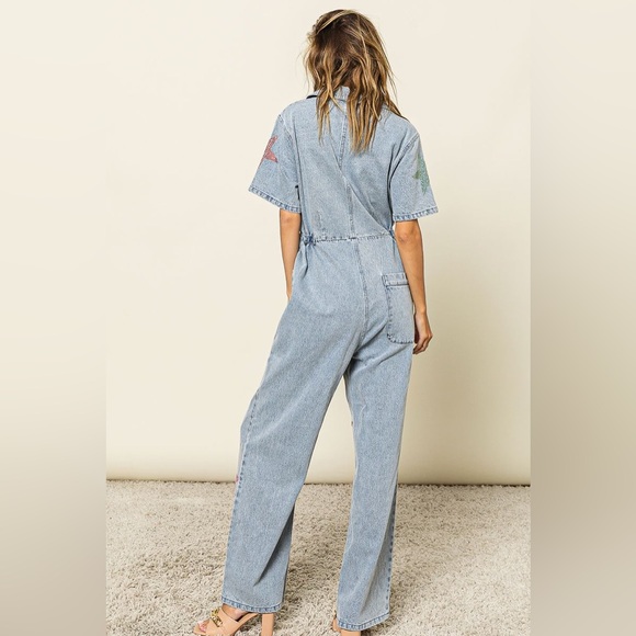 RHINESTONE STAR DENIM JUMPSUIT COVERALLS - Picture 6 of 6
